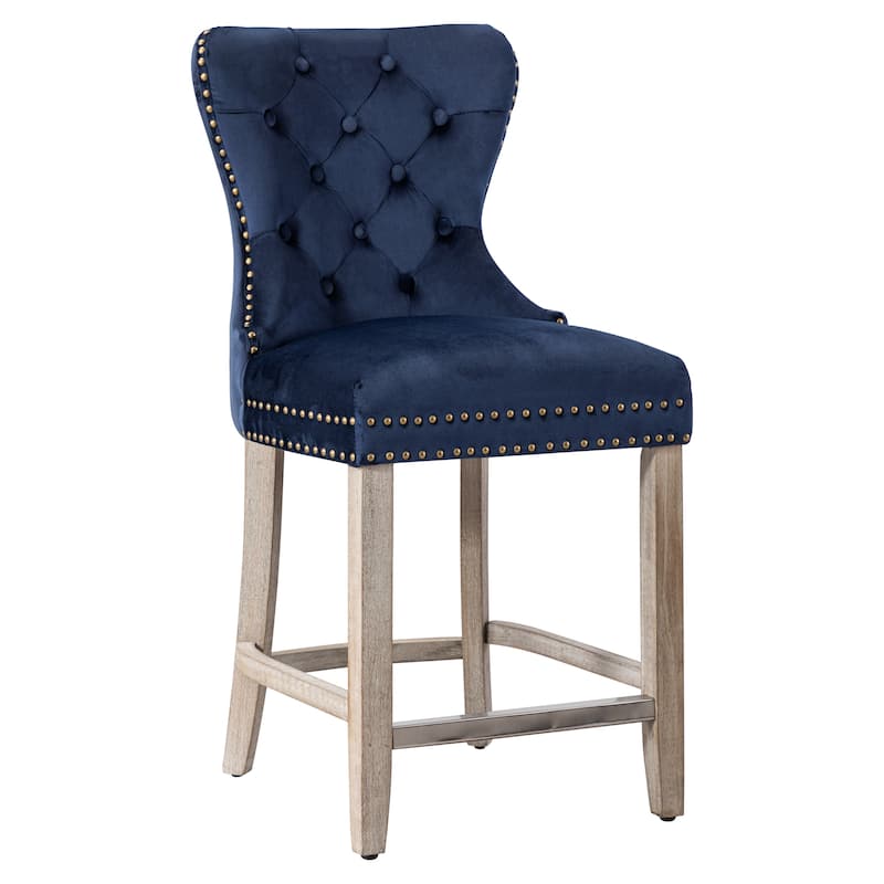 Carter 29" Wingback Tufted Nailhead Bar Stool with Antique Grey Legs - Navy Blue