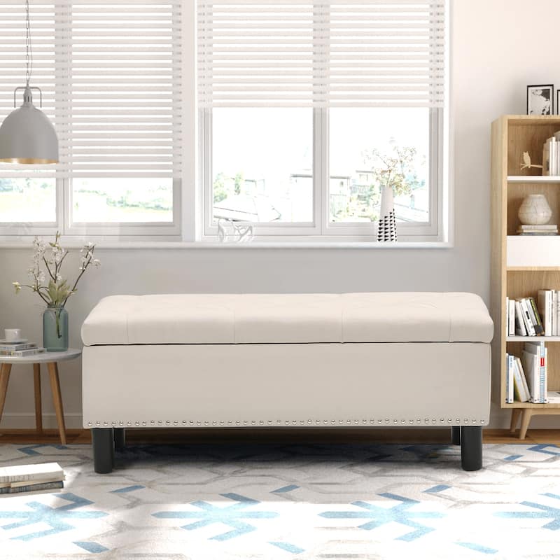Upholstered Bedroom Bench with Button-Tufted, Storage Bench with High-density Resilient Sponge Rivet Design