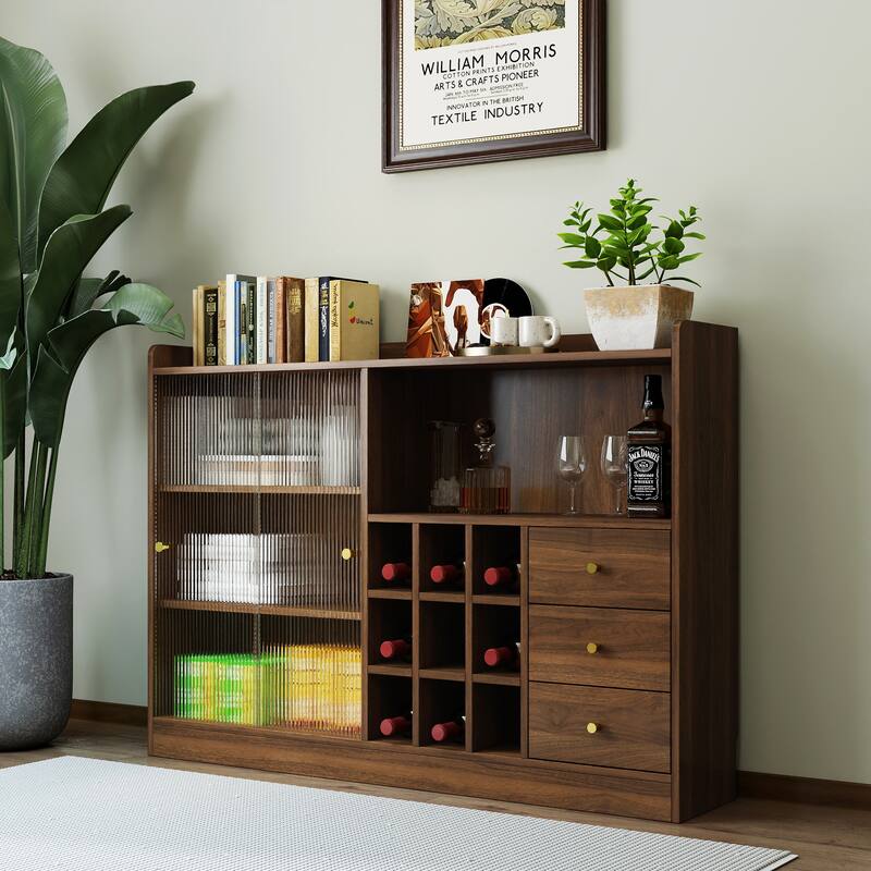 Anmytek Walnut Sideboard with Sliding Glass Doors & Wine Storage Cabinet
