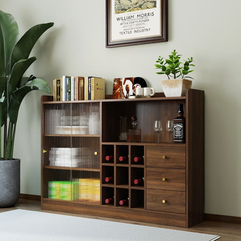 Freestanding Countertop Sideboard with 2 Sliding Striped Glass Doors - Brown