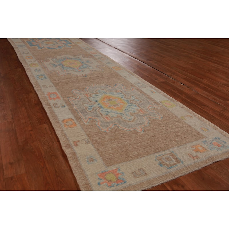 Hand Knotted Oriental 100% Wool Carpet Transitional Geometric Brown Oushak Runner Rug - 10' 2'' X 2' 11''