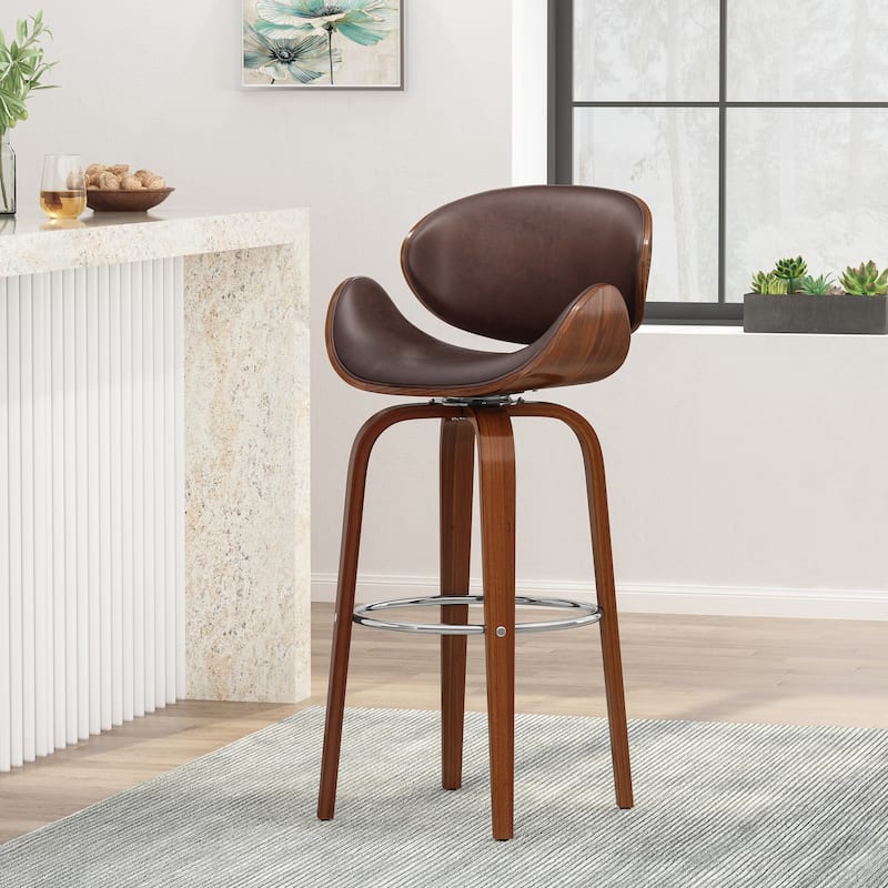 Wood Bar Stool with Swivel Function and Leather Seat, Ergonomic Dining Chair Counter Height Stool with Footrest