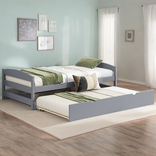 Twin Size Solid Pine Platform Kids Bed Frame with Twin Size Trundle, Grey