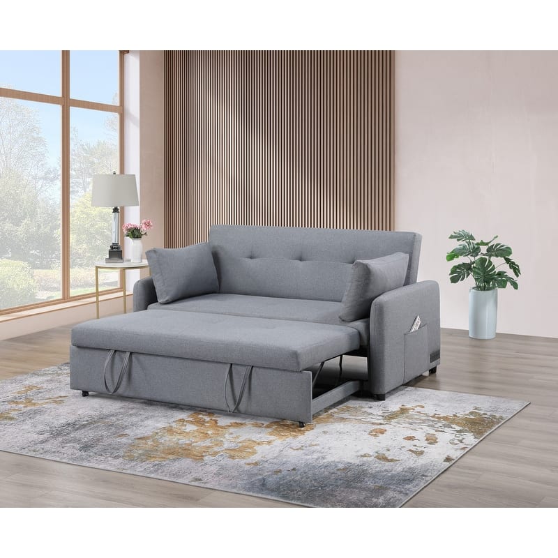 Radella 69"W Gray Linen Convertible Sleeper Sofa with USB Ports, Power Sockets, Pockets, Pillows, Tufting