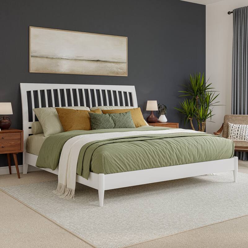 King Size Wood Platform Bed - Low Profile Sleigh Bed Frame - Modern Bedroom Furniture in White