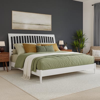 King Size Wood Platform Bed - Low Profile Sleigh Bed Frame - Modern Bedroom Furniture in White