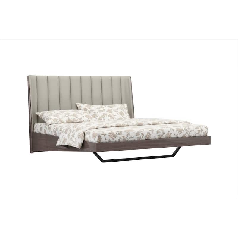 HomeRoots King Grey Upholstered Faux Leather and Ivory Gloss Bed Frame