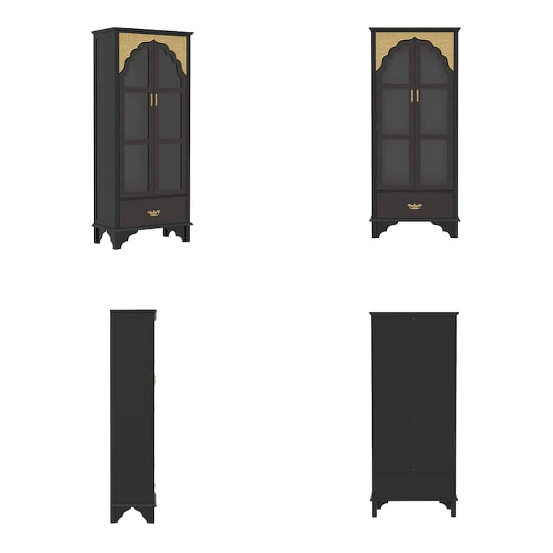 Oak Finish Fir Wood Wooden Curio Cabinet Display Storage Case Bathroom Cabinet Bookcase - 70.9"Hx31.5"W