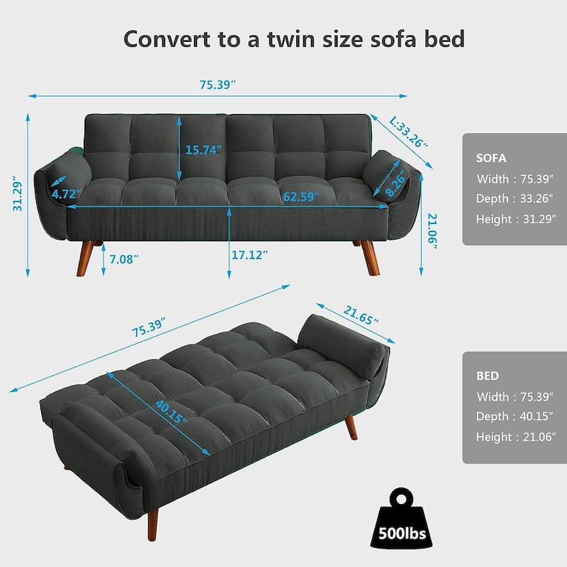Futon bed Velvet Sofa, Adjustable Backrest Convertible Sleeper Futon Loveseat with Tapered Wood Legs for Living Room, Bedroom