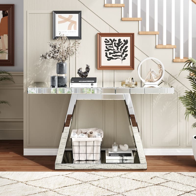 GDF Studio - Brevard Art Deco Mirrored Wood Console Table with Trapezoid Base - Silver