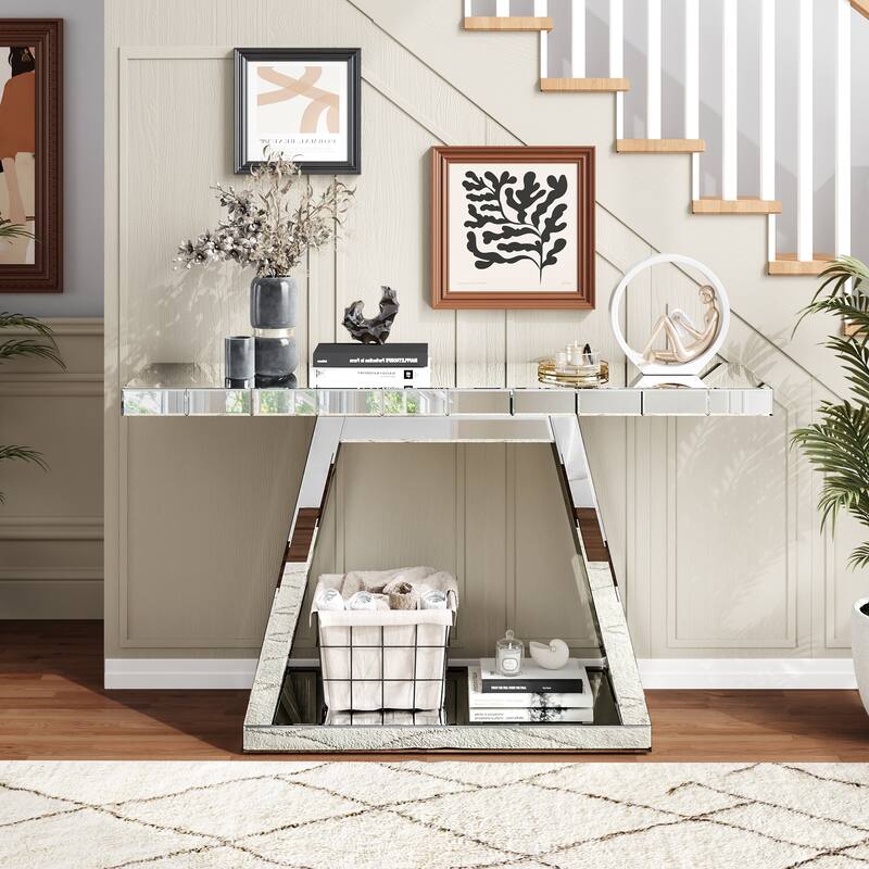 Silver Console Table with Trapezoid Base, Full-Body Mirror Entryway Table