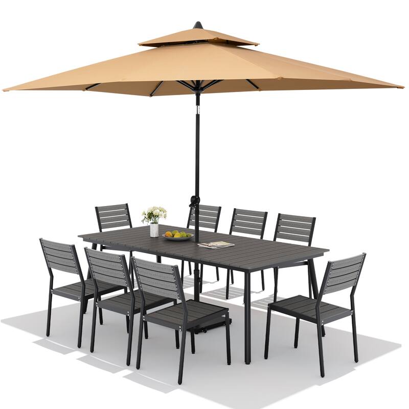 11PC Outdoor Patio Dining Set Aluminum Table with Stackable Chairs w/ Premium Market Umbrella Sets