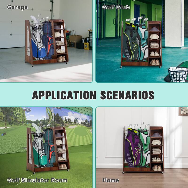 Golf Bag Organizer Rack - Premium 2-Bag Wooden Storage Stand for Garage or Shed - 35.5" L x 18" W x 40" H