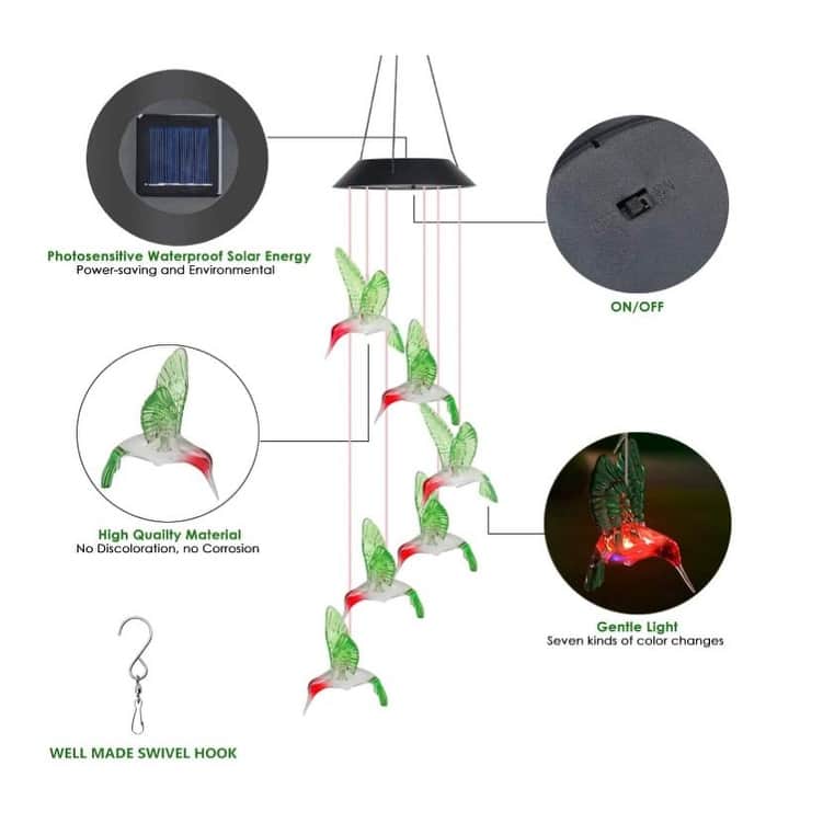 LED Hanging Solar Hummingbird Wind Chime, Color Changing