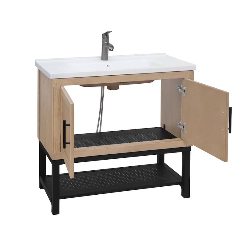 GDFStudio - CompactLine Modern Freestanding Bathroom Vanity with Ceramic Sink and Open Metal Shelf - 36 Inch