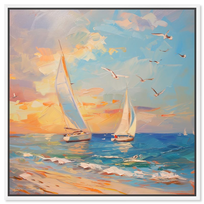 Art Remedy Sailboats In The Sunset Framed Sailing 1 Piece Canvas Wall Art - 31 x 31 - White