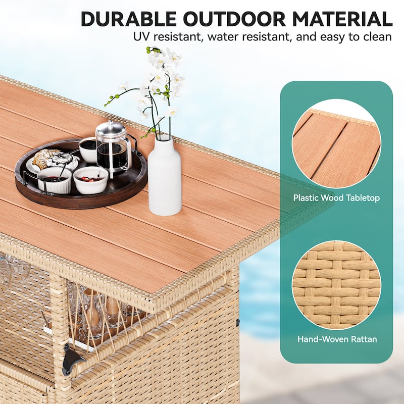 Moasis Outdoor Storage Cabinet Patio Wicker Bar Counter Backyard Furniture w/Plastic Wood Tabletop - 50.4"L x20.9"W x 33.9"H