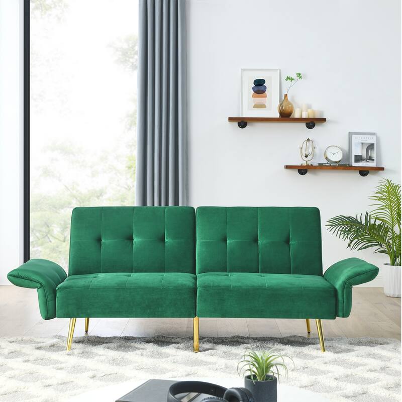 Velvet Futon Sofa Bed with Folded Armrests