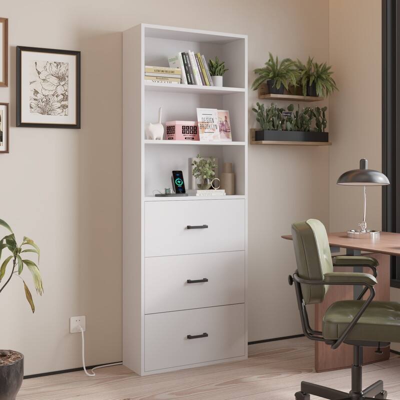 White Display Cabinet with 3-layer 3-drawer 2 USB 2 Outlet 70.86in.H - N/A