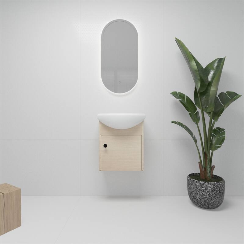 Wall Mounting Small Size 18 Inch Bathroom Vanity With Ceramic Sink - Plain Light Oak