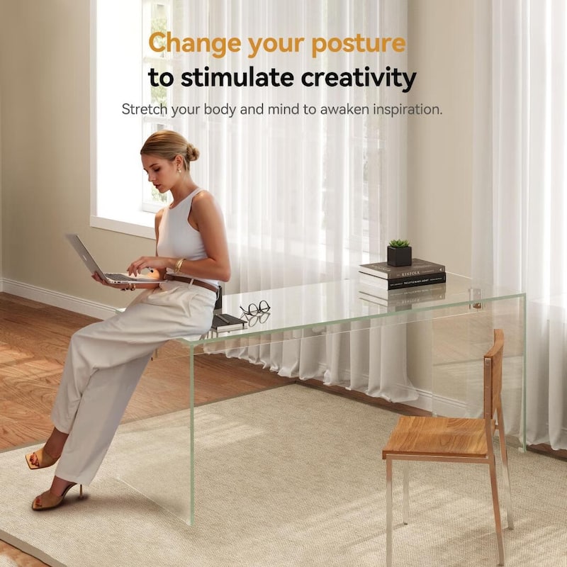 Modern Minimalist Tempered Glass Writing Desk,Transparent All Glass Workstation with Sleek Chrome Hardware for Home Office