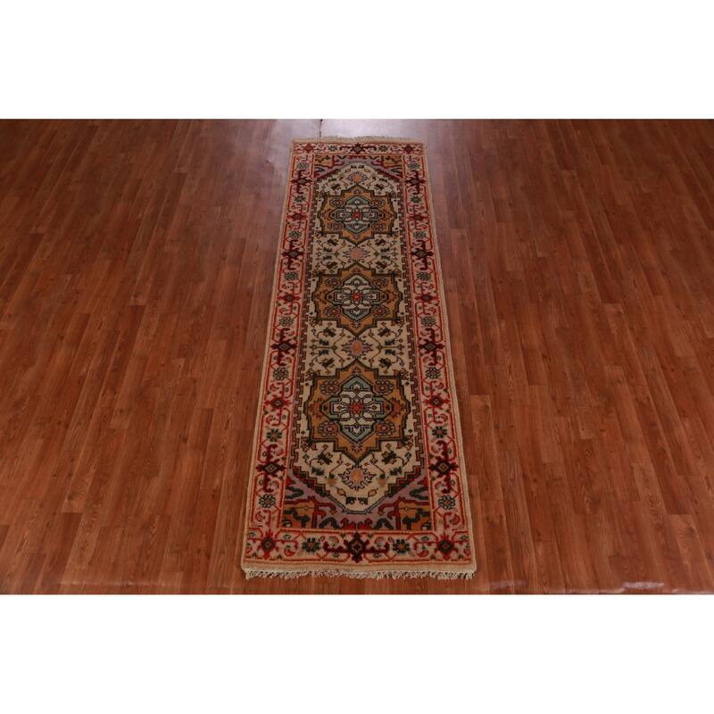 Hand Knotted Oriental 100% Wool Carpet Traditional Geometric Beige & Ivories Heriz (serapi) Runner Rug - 8' 1'' X 2' 7''