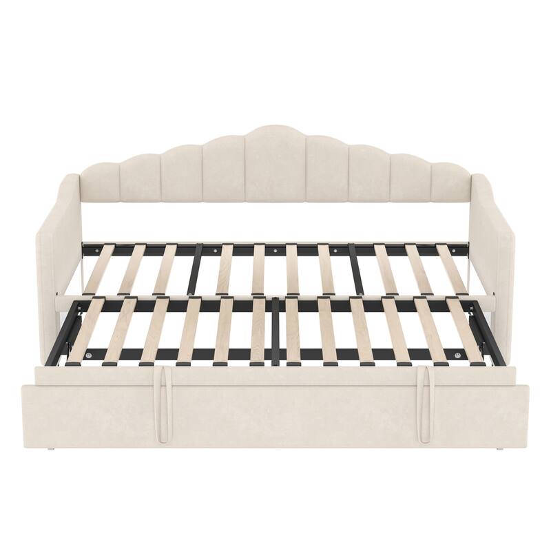 Upholstered Twin Size Daybed with Adjustable Trundle Bed and USB Port, Velvet Fabric Twin Sofa Bed Frame with 2 Side Pockets