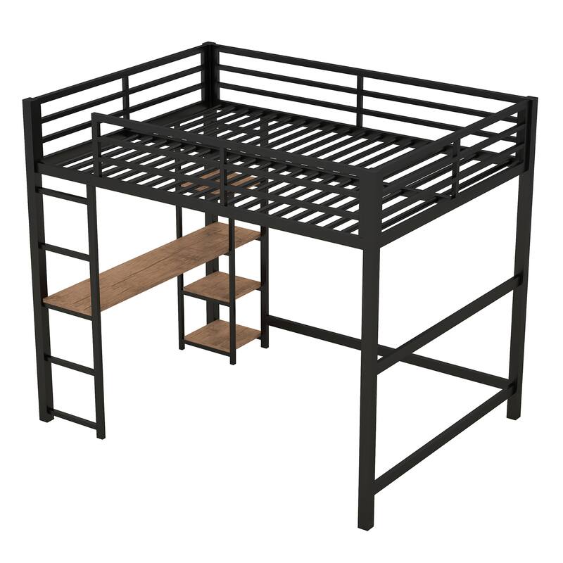 Full Size Black Metal Loft Bed with Built-in Desk and Storage Shelves