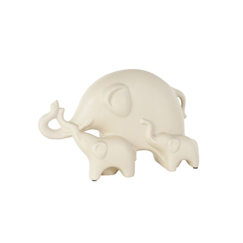 Cream Ceramic Family Elephant Decorative Sculpture with Raised Trunks