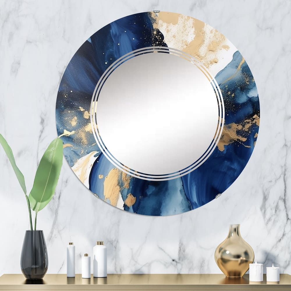 Designart "Dark Blue and Gold Strokes VIII" Fractals Modern Wall Mirror