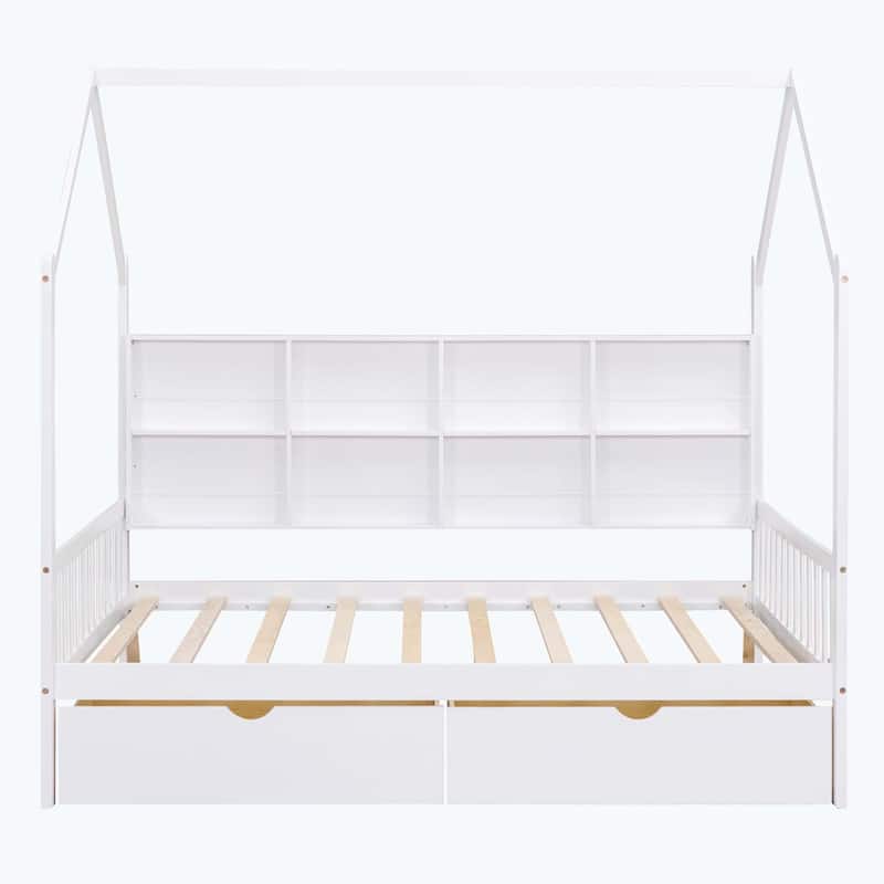 Comfortable Wooden House Bed with 2 Drawers,Kids Bed with Storage Shelf