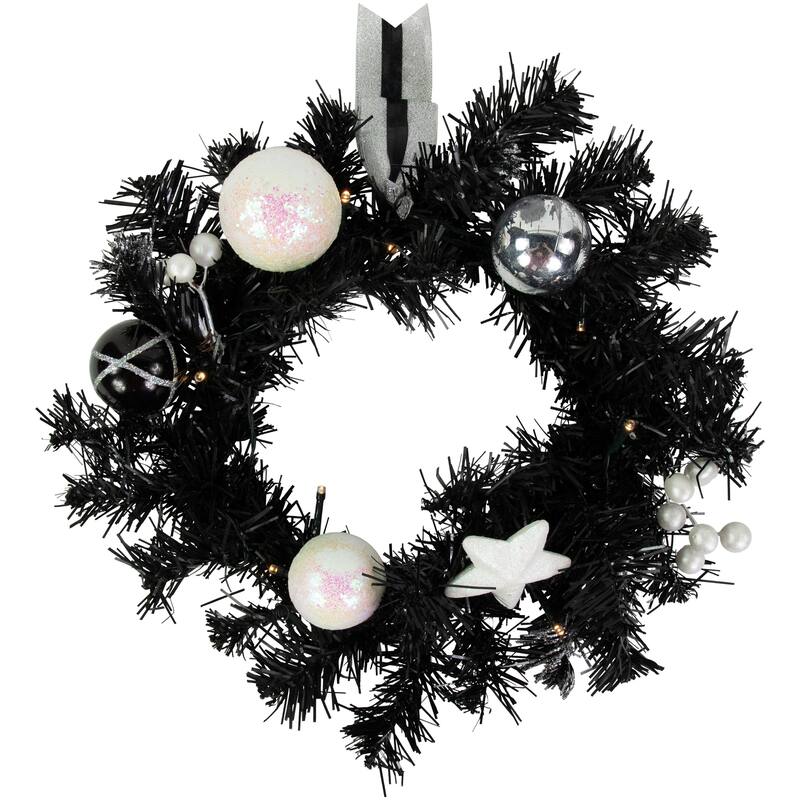 16" Decorated Black Pine Artificial Christmas Wreath Cool White LED