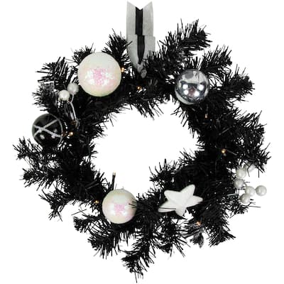 16" Decorated Black Pine Artificial Christmas Wreath Cool White LED