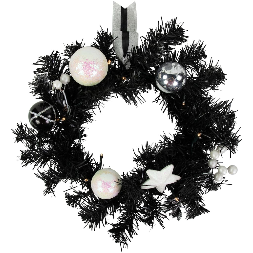 16" Decorated Black Pine Artificial Christmas Wreath Cool White LED