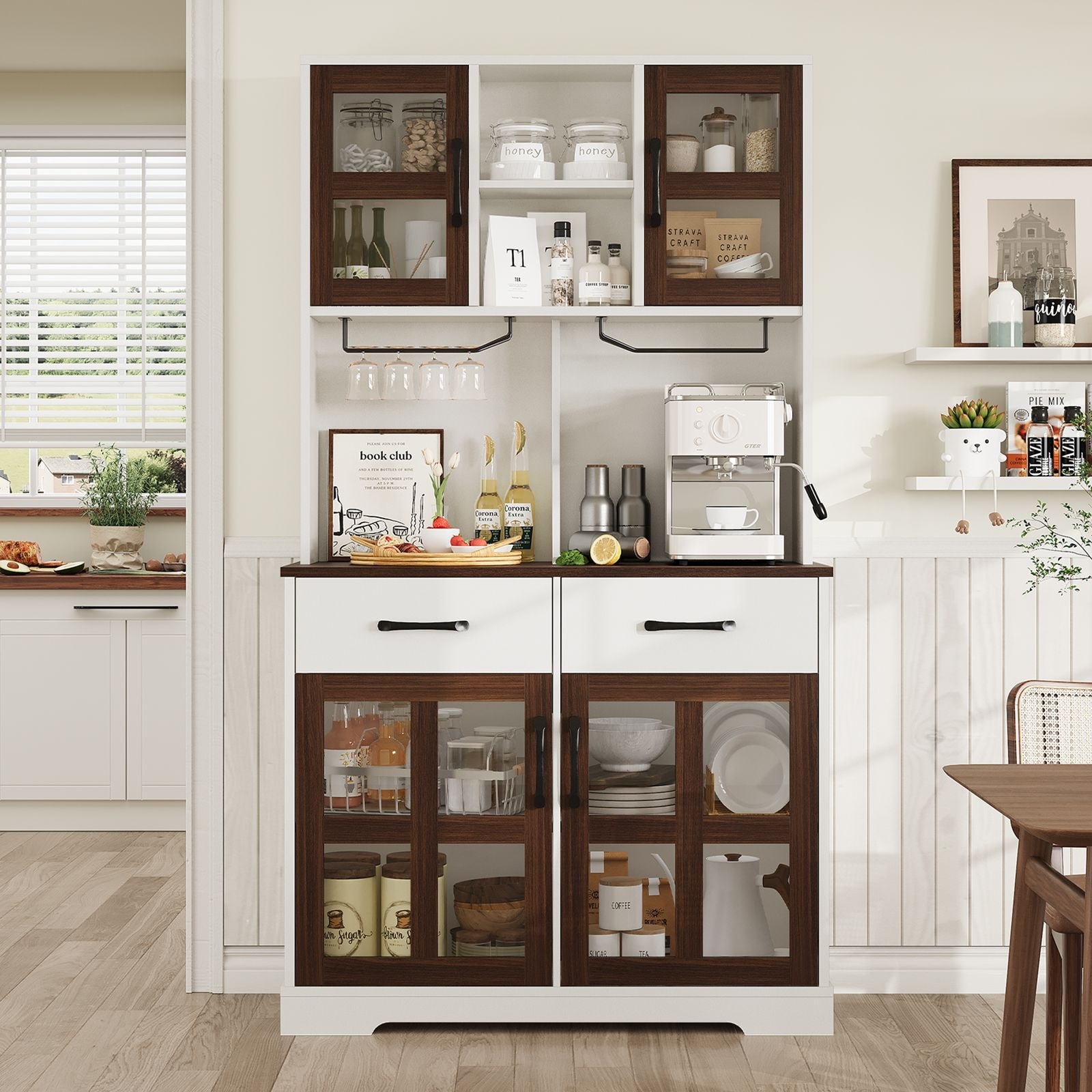 Modern Kitchen Pantry Cabinet with Power Outlet, Microwave Stand, Wine Glass Holder for Dining Room & Home Bar