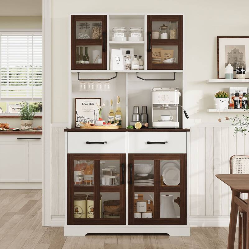 Modern Kitchen Pantry Cabinet with Power Outlet, Microwave Stand, Wine Glass Holder for Dining Room & Home Bar - White