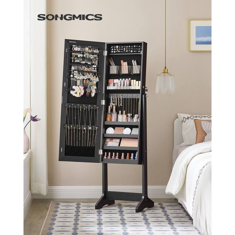 Black MDF Jewelry Cabinet Full Length Mirror 2 in 1 Organizer Storage Shelves Lockable - 16.2"L x 14.4"W x 59.8"H