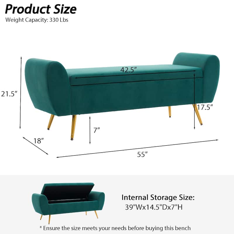Upholstered 55"W Flip Top Storage Bench Bedroom Bench Modern End of Bed Bench for Entryway Hallway Window with Gold Legs