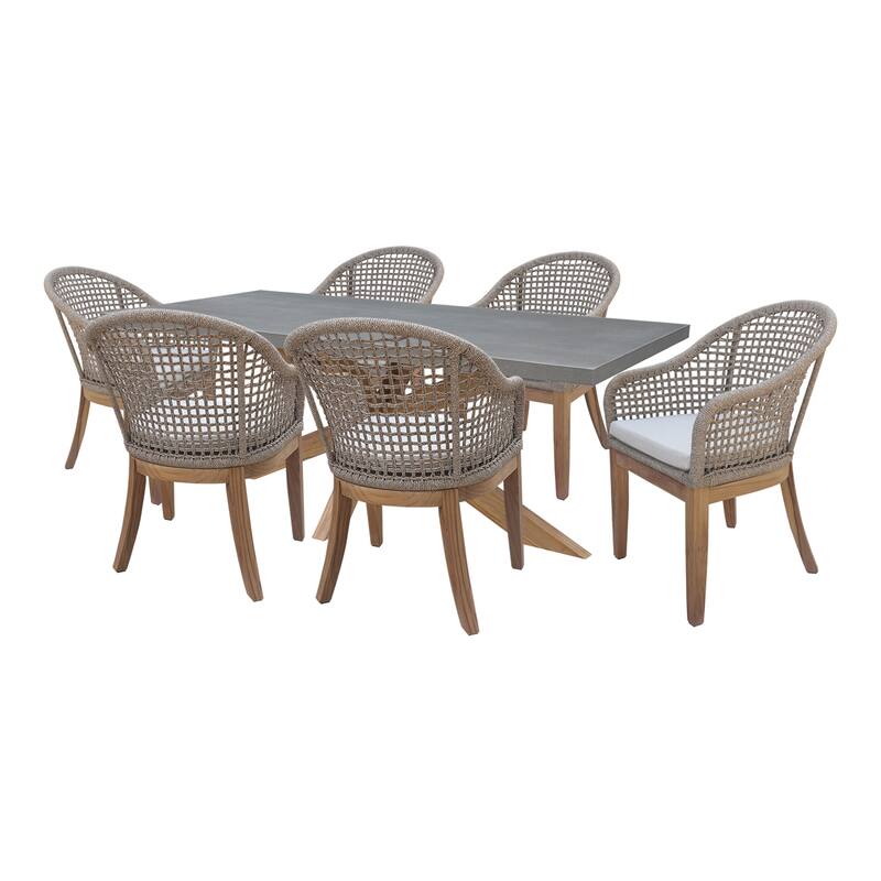 Outdoor 7 Piece Teak Patio Furniture Set with a Table and 6 Chairs - Natural/ Gray