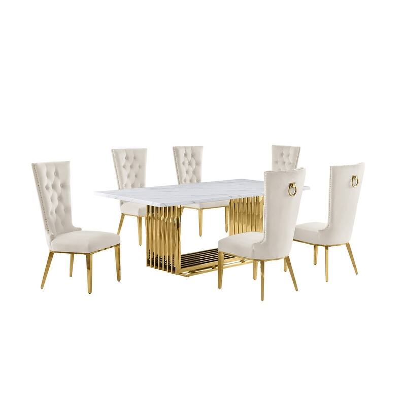 Best Quality Furniture D312/3-SC330-7 Dining Set with 79" White Marble Top