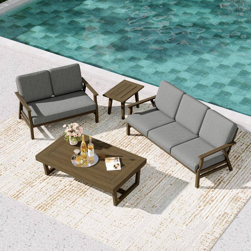 Teak Outdoor Seating Set with Daybed & Tables. - Brown Wood - Grey/4-piece