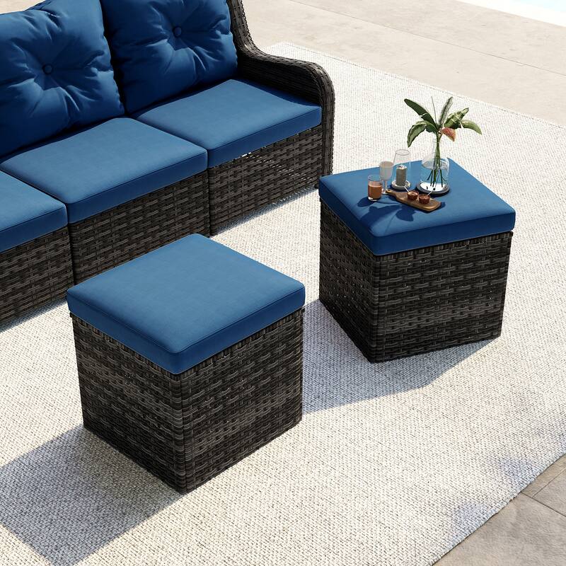 2 Set Outdoor 17.7" W Square Rattan Ottoman Patio Ottoman with Cushion