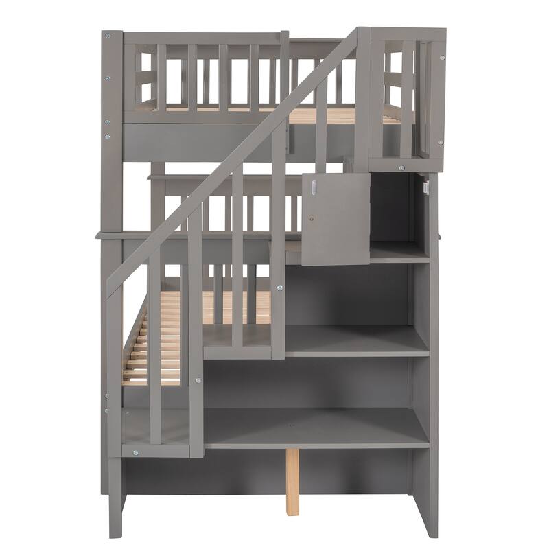 Twin-Over-Twin Bunk Bed with Storage, Guard Rail, and Staircase in Gray