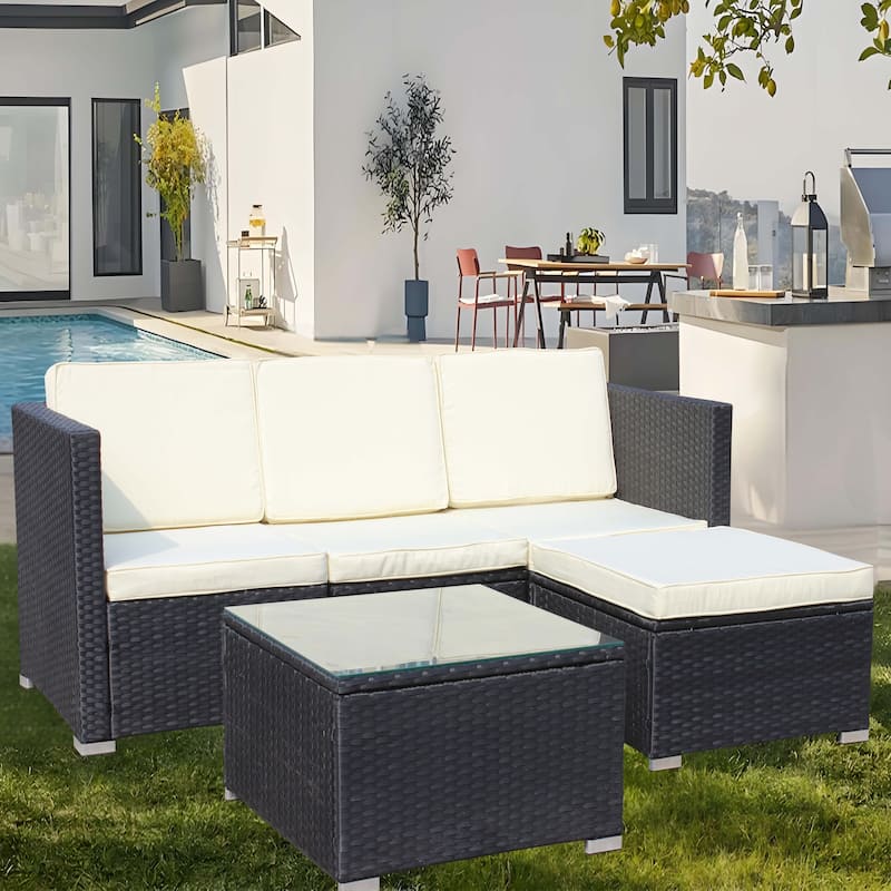 5-Piece PE Rattan Wicker Cushioned Sofa Set and Coffee Table