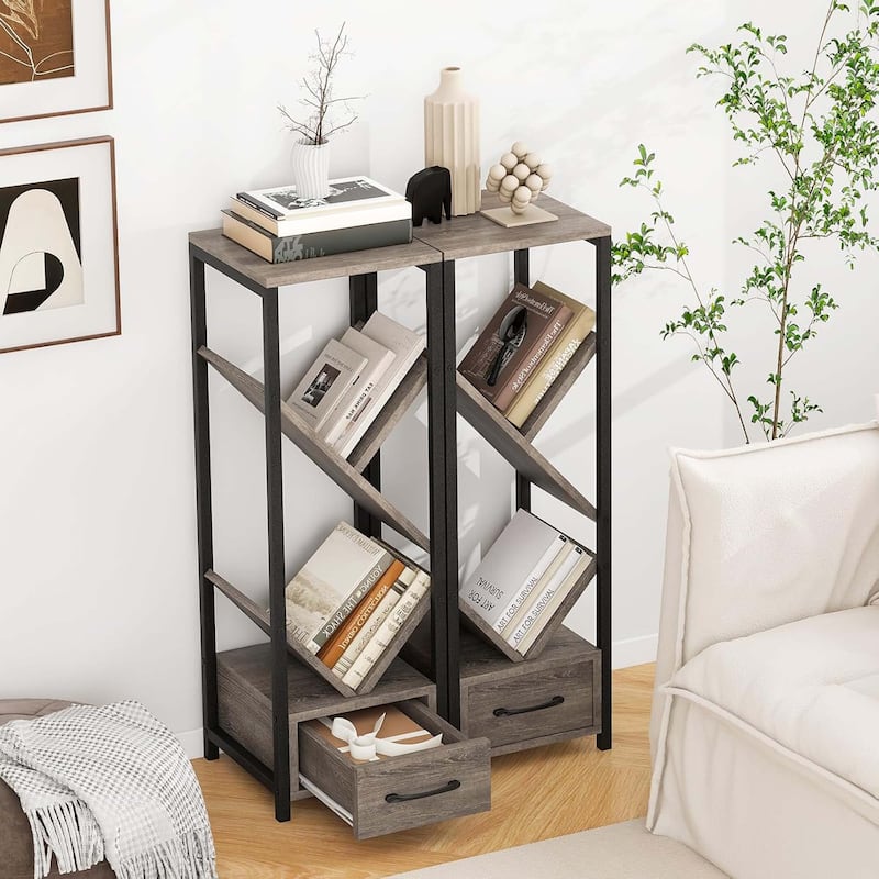 4-Tier Floor Standing Bookcase Wood Tree Bookshelf w/ Drawer