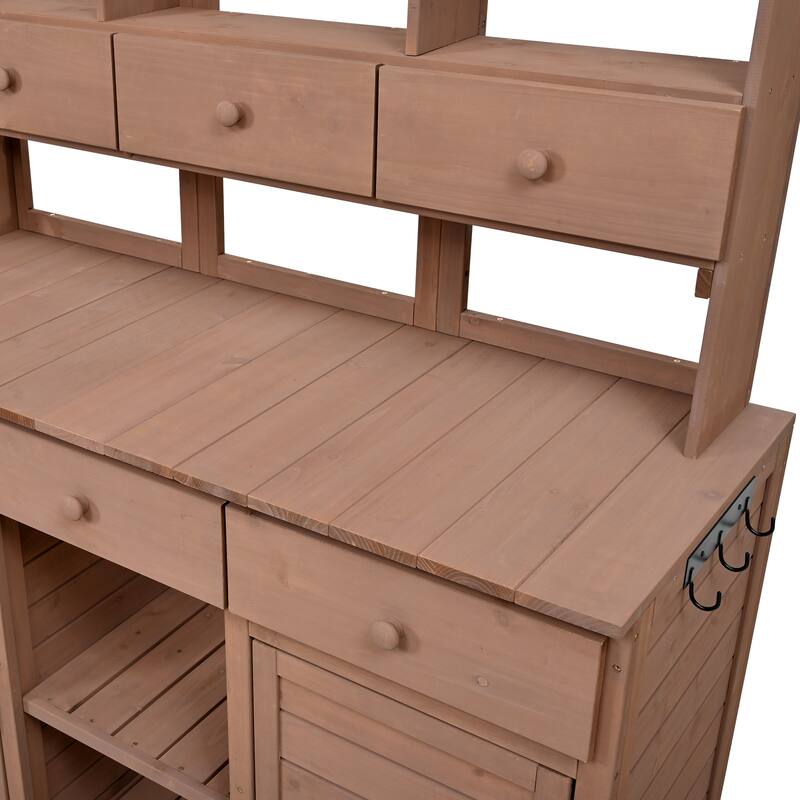 Outdoor Wood Workstation Table, Garden Potting Bench Table with Hutch, Storage Workstation with 2 Bottom Cabinets and Side Hooks