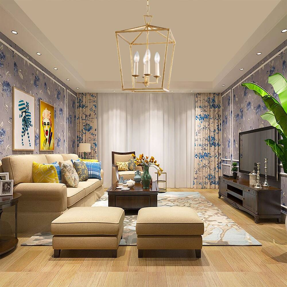 4 Light Caged Chandelier in Gold Finish