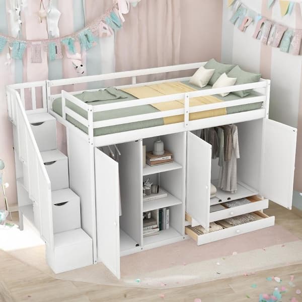 slide 2 of 16, Twin Size Loft Bed with 3 Shelves, 2 Wardrobes and 2 Drawers, Ladder with Storage,Multifunctional Loft Bed White