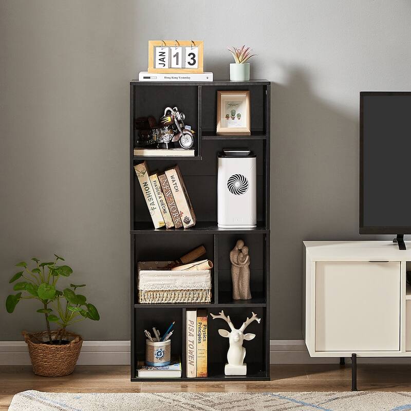 VECELO Widened Version Bookcase(Set of 2), 4-Tier Seven Open Cube Wooden Bookcase Organizer, Bookshelf / Book Storage