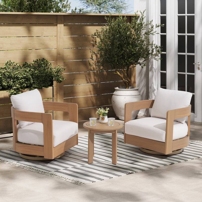 Outdoor 3-Piece Swivel Chair Conversation Set and Coffee Table in Eucalyptus Wood